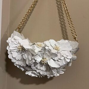 White Floral Embellished Handbag with Gold Chain